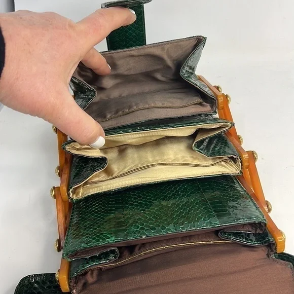 Emerald Green Snakeskin and Caramel Bakelite Geometric Tiered Handbag - Picture 13 of 16